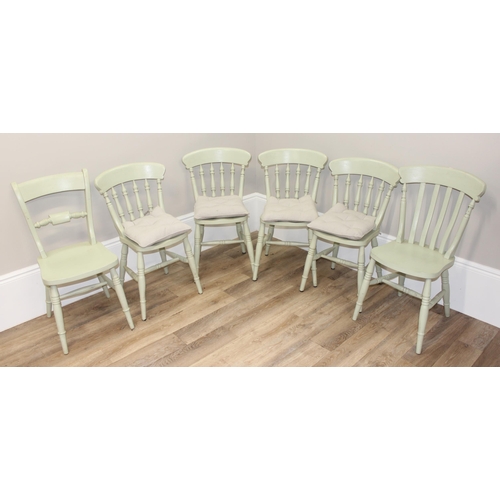 182 - A matched set of 6 dining chairs painted in mint green, tallest approx 91cm tall