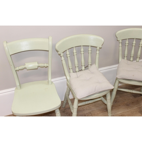 182 - A matched set of 6 dining chairs painted in mint green, tallest approx 91cm tall