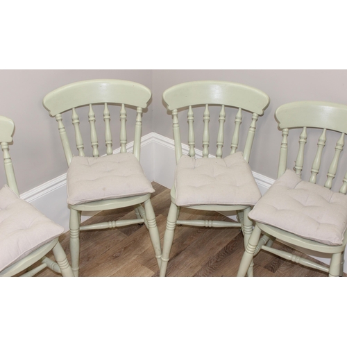 182 - A matched set of 6 dining chairs painted in mint green, tallest approx 91cm tall