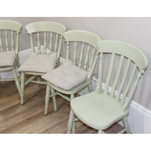 182 - A matched set of 6 dining chairs painted in mint green, tallest approx 91cm tall