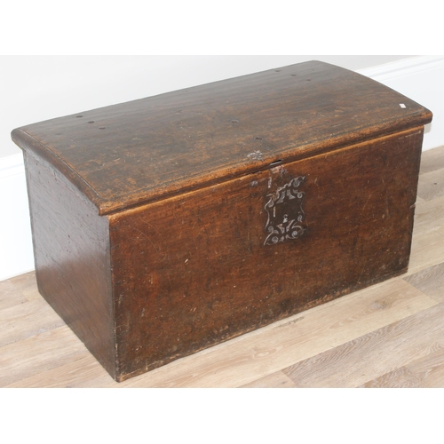 67 - An 18th century chestnut wood trunk or coffer with decorative iron lock plate, approx 96cm wide x 50... 