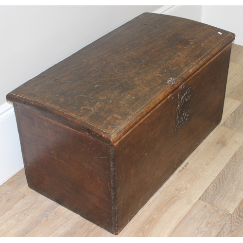 67 - An 18th century chestnut wood trunk or coffer with decorative iron lock plate, approx 96cm wide x 50... 