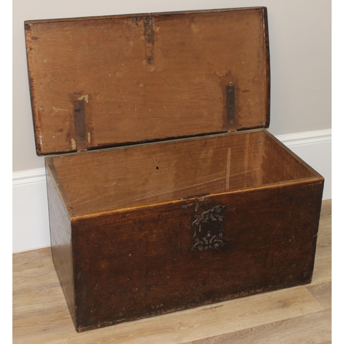 67 - An 18th century chestnut wood trunk or coffer with decorative iron lock plate, approx 96cm wide x 50... 