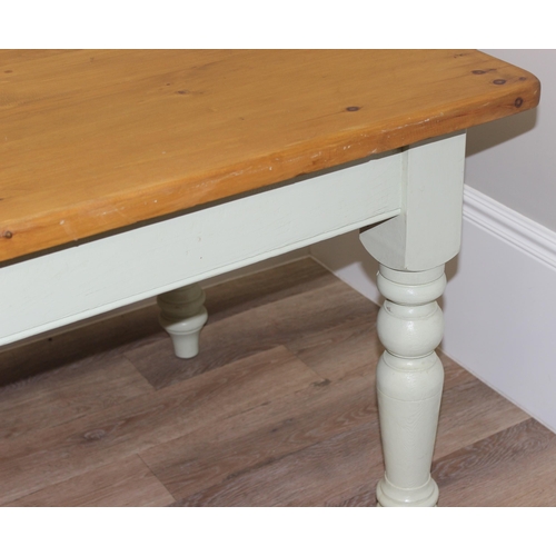 38 - A vintage pine kitchen table with painted base, approx 182cm wide x 91cm deep x 76cm tall