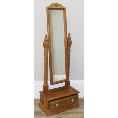 7 - A vintage pine cheval mirror with single drawer and barley-twist supports, approx 61cm wide x 31cm d... 