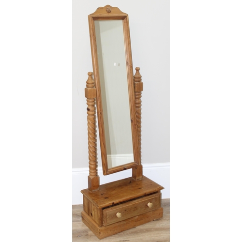 7 - A vintage pine cheval mirror with single drawer and barley-twist supports, approx 61cm wide x 31cm d... 