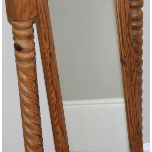 7 - A vintage pine cheval mirror with single drawer and barley-twist supports, approx 61cm wide x 31cm d... 