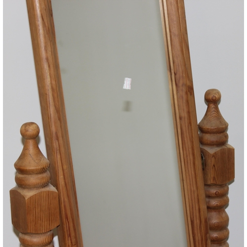 7 - A vintage pine cheval mirror with single drawer and barley-twist supports, approx 61cm wide x 31cm d... 