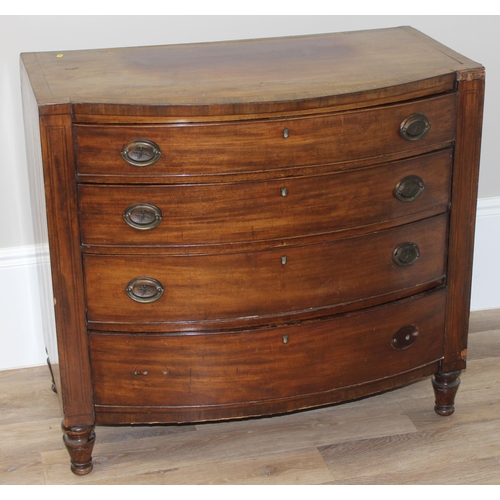 19 - An antique mahogany bow front 4 drawer chest of drawers, approx 96cm wide x 53cm deep x 91cm tall