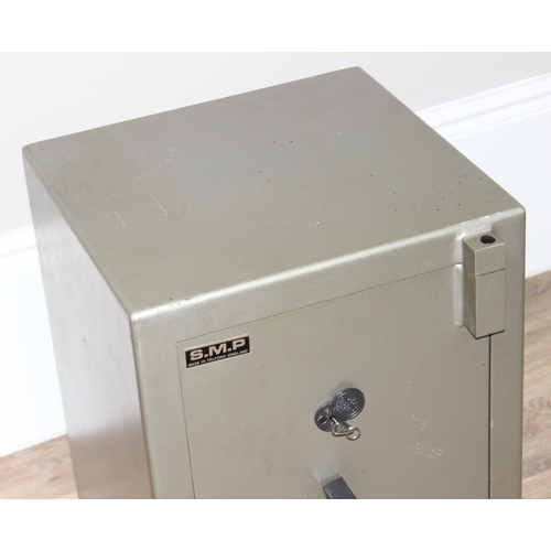 184 - Safe manufactured by SMP of Telford, with key, approx 46cm wide x 46cm deep x 60cm tall