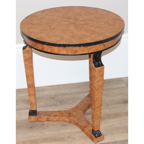 16 - An Art Deco style Egyptian Revival cherry wood and ebonised tripod gueridon table, approx 60cm wide ... 