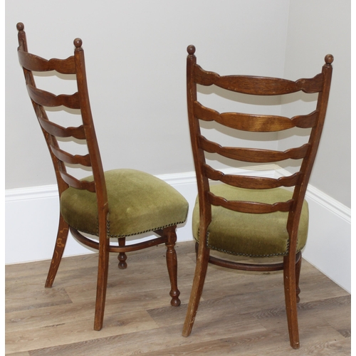 107 - A pair of unusual high ladder back oak chairs with green upholstered seats, approx 112cm tall