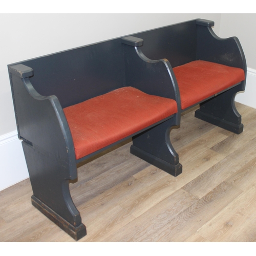 48 - A vintage double-seat painted oak bench or settle with cushioned seats, approx 170cm wide x 48cm dee... 