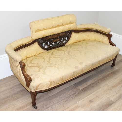 173 - A Victorian rosewood sofa with inlay and yellow upholstery, approx 168cm wide x 70cm deep x 80cm tal... 