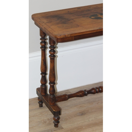 171 - An antique mahogany side table with inlaid wooden top and turned supports, approx 82cm wide x 40cm d... 