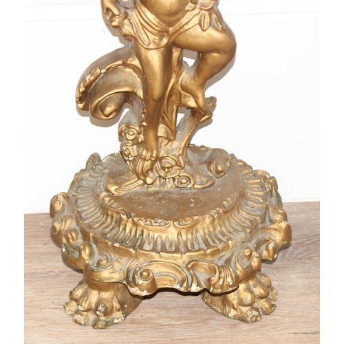 116 - An impressive gilt wood and gesso console table with lion paw feet and cherub support, coloured marb... 