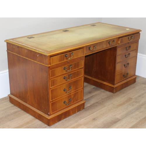 98 - Large antique style twin pedestal desk with leather top, yew wood finish, approx 167cm W x 77cm D x ... 