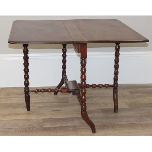 134 - Victorian Mahogany drop leaf Sutherland table with bobbin turned legs and cross supports, approx 90c... 