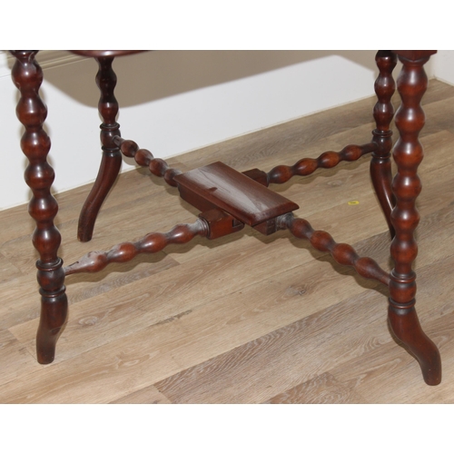 134 - Victorian Mahogany drop leaf Sutherland table with bobbin turned legs and cross supports, approx 90c... 