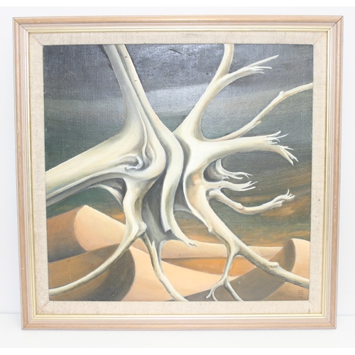 561 - A vintage oil or acrylic on board of tree roots, initialled PS 94, approx 41cm square