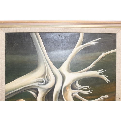 561 - A vintage oil or acrylic on board of tree roots, initialled PS 94, approx 41cm square