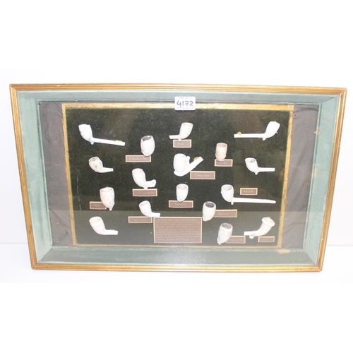 586 - An unusual box framed display of various antique clay pipes with annotations, approx 64cm x 40cm