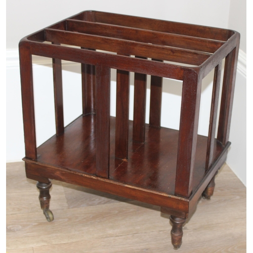 29 - A vintage mahogany wine table, a wooden canterbury magazine rack and a mahogany upholstered stool, t... 