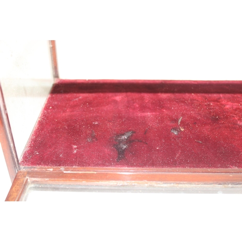 281 - An antique mahogany table top display case with key, approx 55cm wide x 23cm deep x 17cm tall