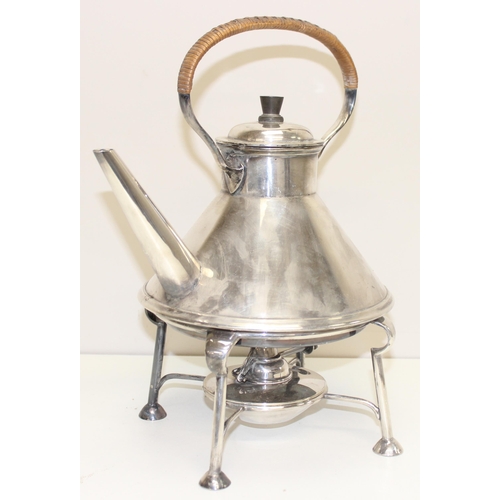 1034 - In the manner of Christopher Dresser, a silver-plated conical spirit kettle, stand and burner, Brufo... 