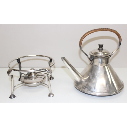 1034 - In the manner of Christopher Dresser, a silver-plated conical spirit kettle, stand and burner, Brufo... 