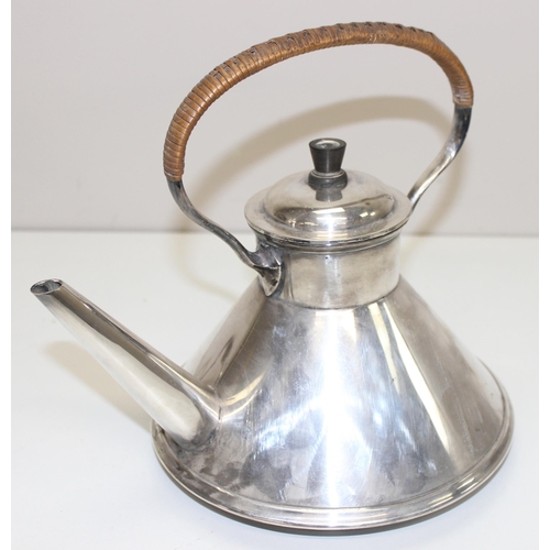 1034 - In the manner of Christopher Dresser, a silver-plated conical spirit kettle, stand and burner, Brufo... 