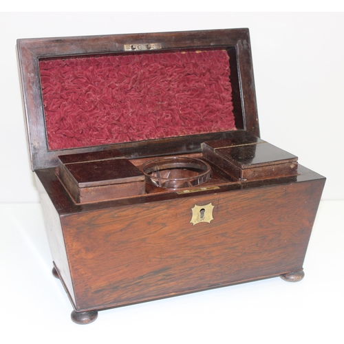 282 - Antique rosewood sarcophagus tea caddy on bun feet, approx 31cm x 18cm x 17cm