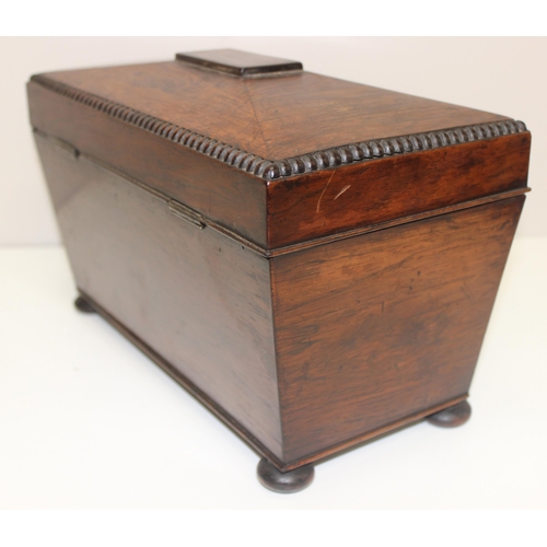 282 - Antique rosewood sarcophagus tea caddy on bun feet, approx 31cm x 18cm x 17cm