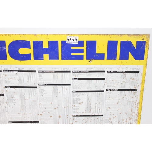 587 - Vintage metal Michelin tyre pressures wall sign, approx 87cm x 63cm