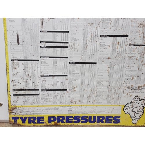 587 - Vintage metal Michelin tyre pressures wall sign, approx 87cm x 63cm