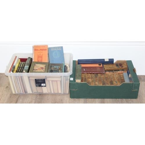 664 - 2 boxes of assorted antique and later books to incl leather-bound and antiques reference books