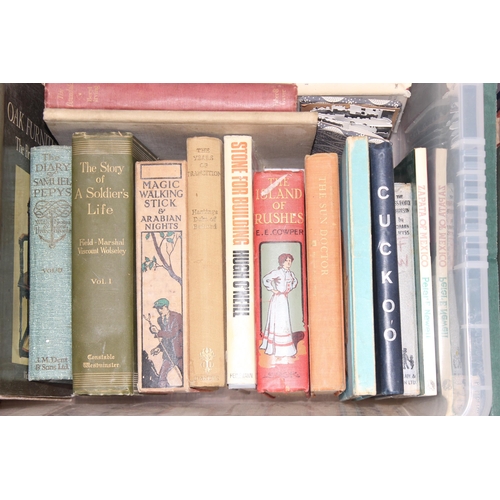 664 - 2 boxes of assorted antique and later books to incl leather-bound and antiques reference books