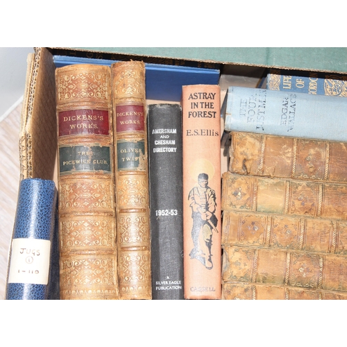 664 - 2 boxes of assorted antique and later books to incl leather-bound and antiques reference books