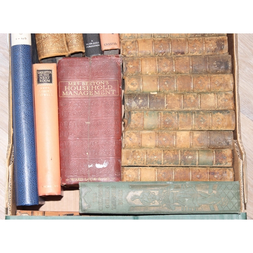 664 - 2 boxes of assorted antique and later books to incl leather-bound and antiques reference books