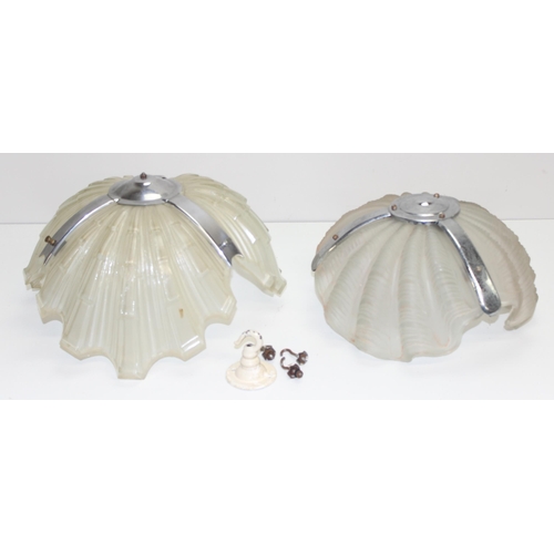 247 - 2 frosted glass and chrome Art Deco shell ceiling light shades, largest approx 40cm diam