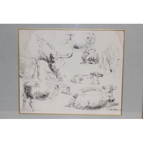 617 - After George Morland, 2 prints of pencil sketches and studies of farm animals and dogs, in gilt fram... 