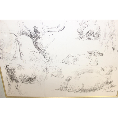 617 - After George Morland, 2 prints of pencil sketches and studies of farm animals and dogs, in gilt fram... 