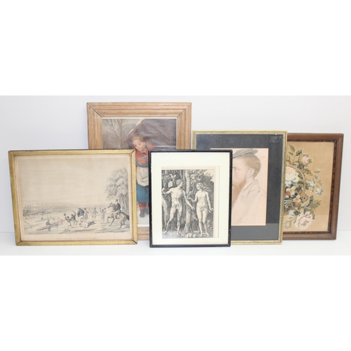 589 - Qty of antique and later pictures and prints to incl a still life tapestry, largest approx 51cm x 36... 