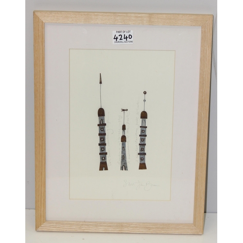 624 - Sarah Jane Brown (British, XX): Framed and glazed metalwork piece of tall buildings with short poem,... 