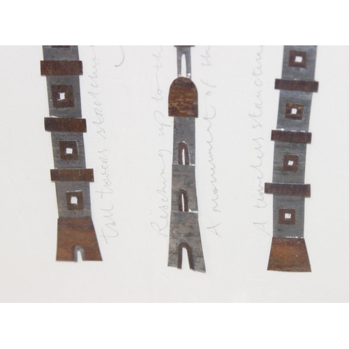 624 - Sarah Jane Brown (British, XX): Framed and glazed metalwork piece of tall buildings with short poem,... 