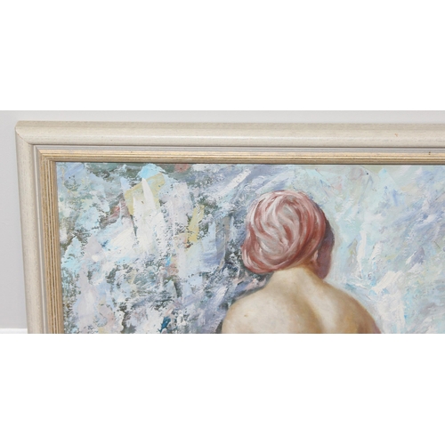 615 - Original oil on board of a nude lady in frame, signed bottom right T. Denver? approx 59 x 49cm