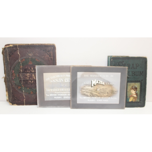 665 - 2 antique scrap books with contents and 2 interesting advertising photographs on card with hand-pain... 