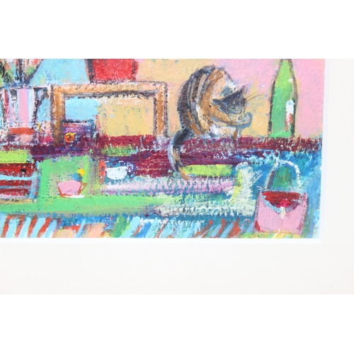 564 - Acrylic oil painting titled 'Cat Washing Paw on the Kitchen Table' by Josephine Chisholm, approx 31 ... 