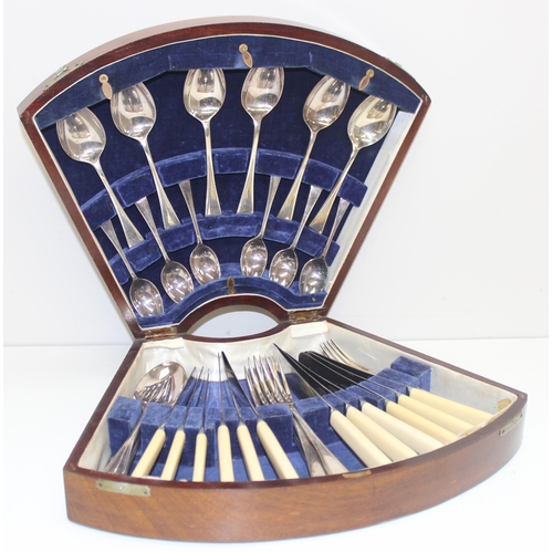 1037 - Vintage canteen of silver-plated cutlery in fan shaped inlaid wooden box by Barker Brothers of Birmi... 