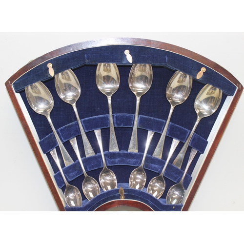 1037 - Vintage canteen of silver-plated cutlery in fan shaped inlaid wooden box by Barker Brothers of Birmi... 